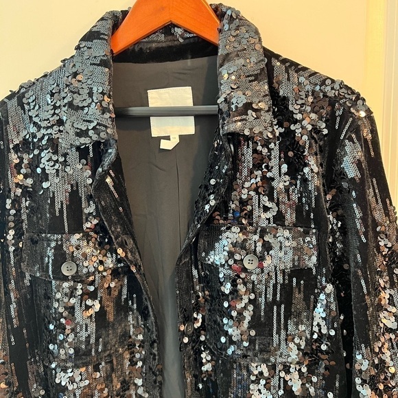 Avec Les Filles Velvet Sequin Black Button Down Shirt Jacket - Picture 3 of 16
